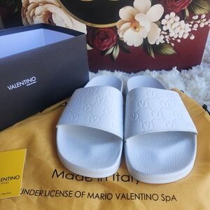 Valentino Embossed White Slides